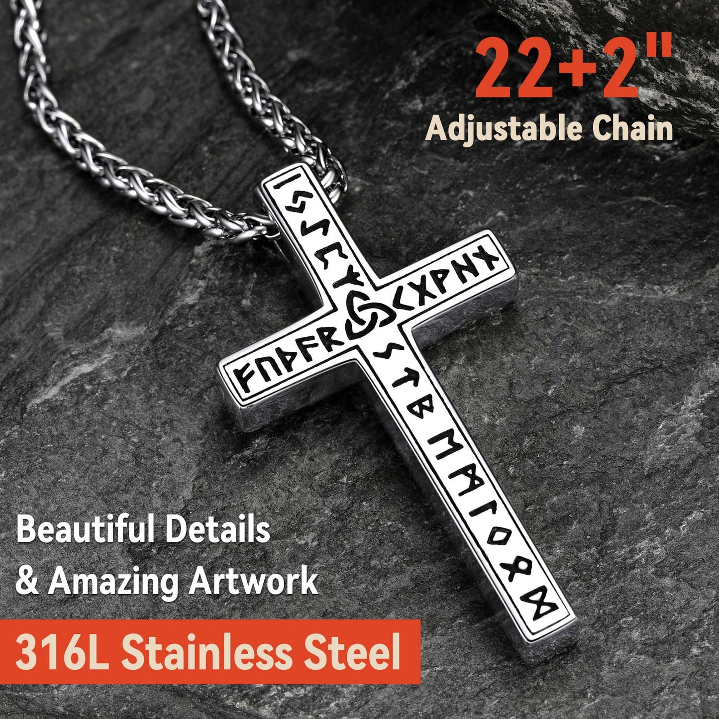 Viking Rune Cross Pendant Necklace for Men
