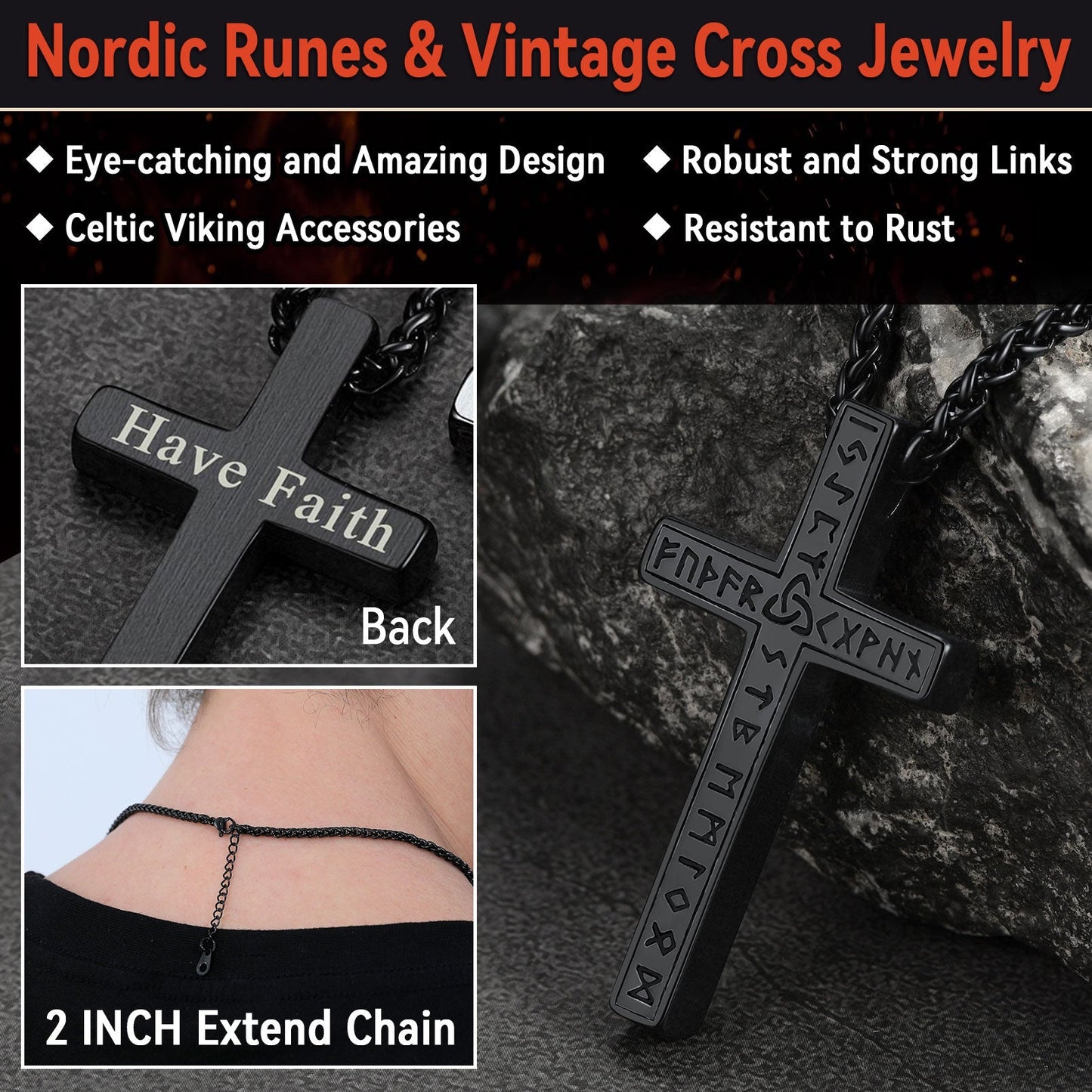 Viking Rune Cross Pendant Necklace for Men