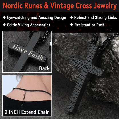Viking Rune Cross Pendant Necklace for Men