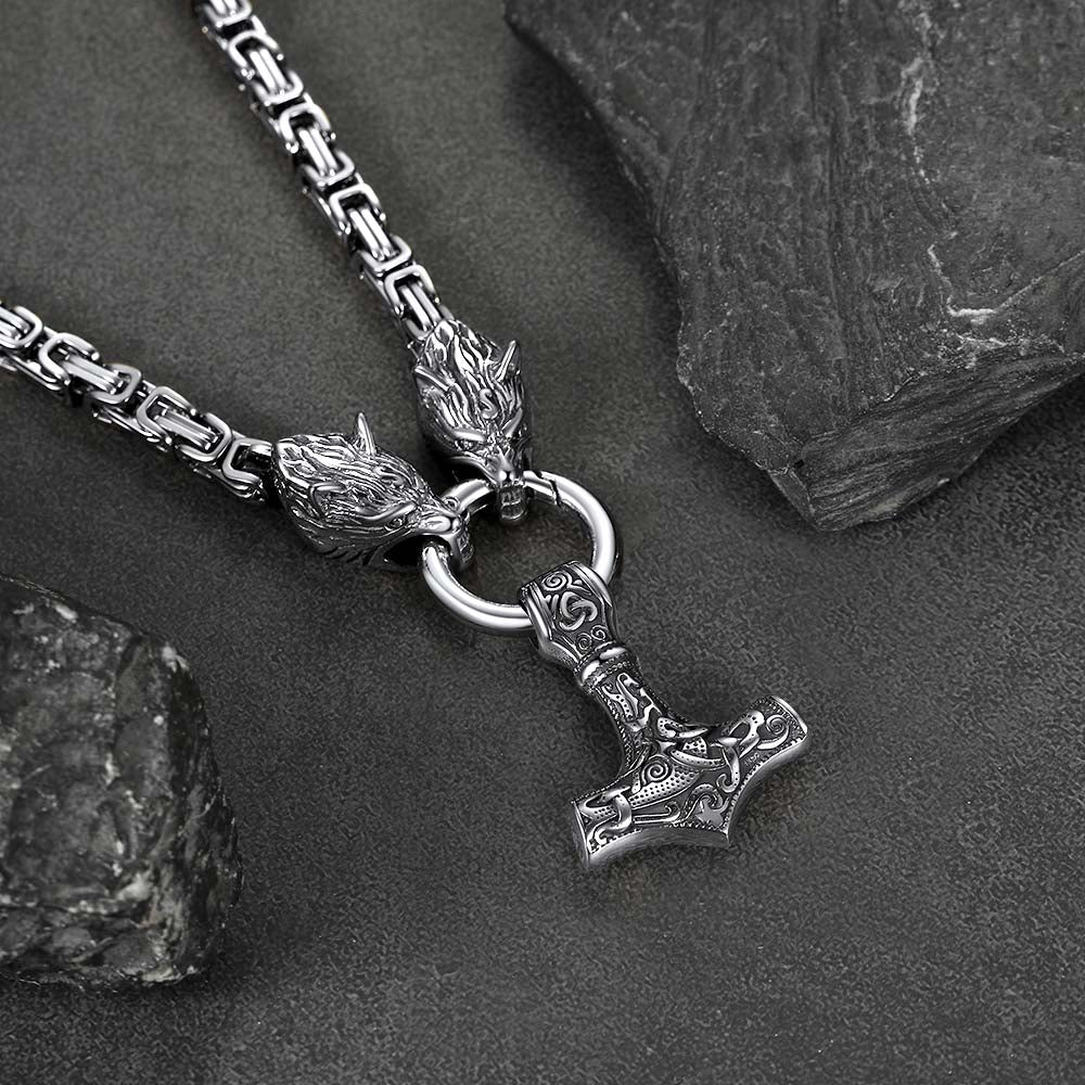 Viking Mjolnir Thor's Hammer Necklace with Wolf Head Kings Chain