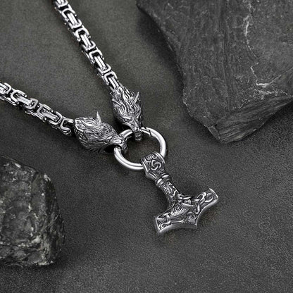 Viking Mjolnir Thor's Hammer Necklace with Wolf Head Kings Chain