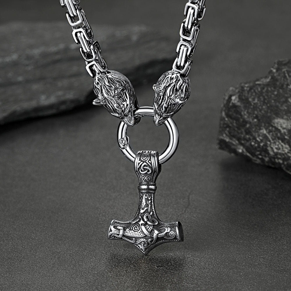 Viking Mjolnir Thor's Hammer Necklace with Wolf Head Kings Chain