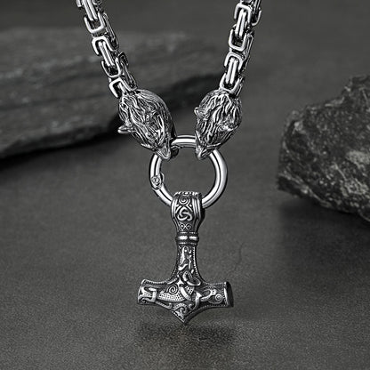 Viking Mjolnir Thor's Hammer Necklace with Wolf Head Kings Chain