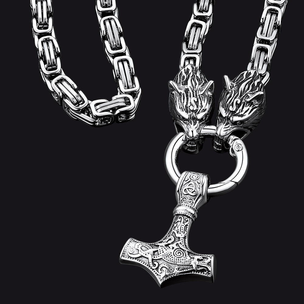 Viking Mjolnir Thor's Hammer Necklace with Wolf Head Kings Chain
