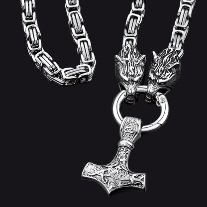 Viking Mjolnir Thor's Hammer Necklace with Wolf Head Kings Chain
