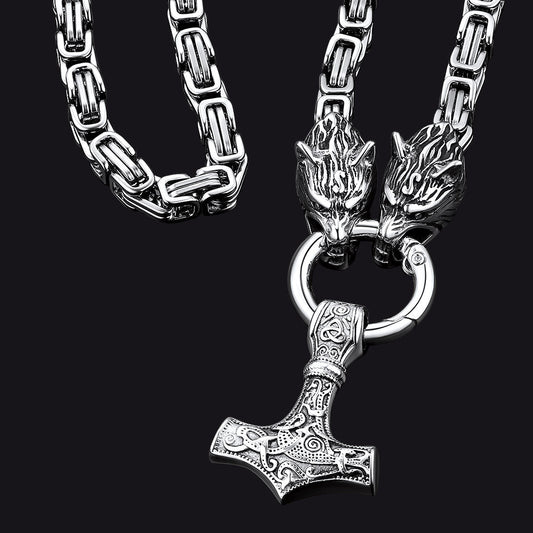 Viking Mjolnir Thor's Hammer Necklace with Wolf Head Kings Chain