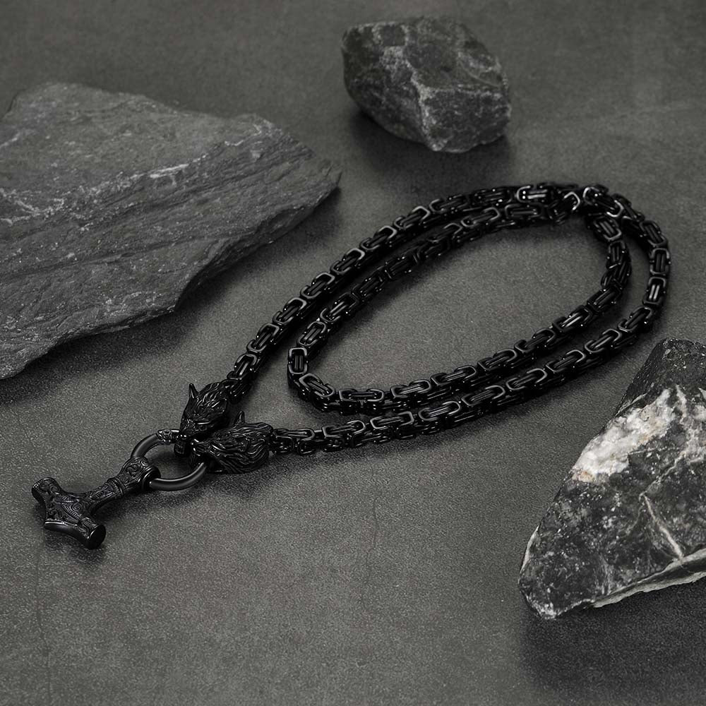 Viking Mjolnir Thor's Hammer Necklace with Wolf Head Kings Chain