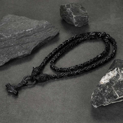 Viking Mjolnir Thor's Hammer Necklace with Wolf Head Kings Chain