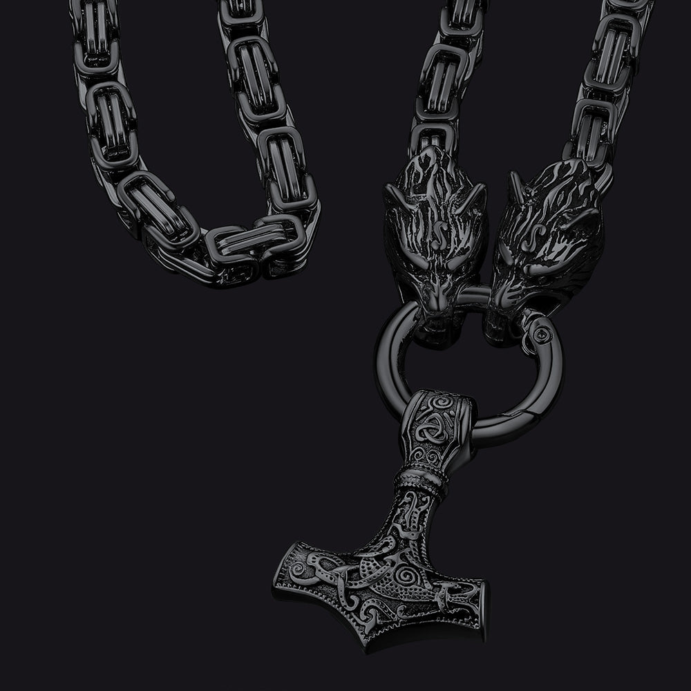 Viking Mjolnir Thor's Hammer Necklace with Wolf Head Kings Chain