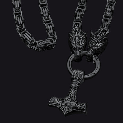 Viking Mjolnir Thor's Hammer Necklace with Wolf Head Kings Chain