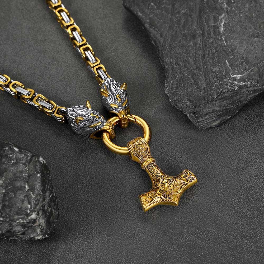 Viking Mjolnir Thor's Hammer Necklace with Wolf Head Kings Chain