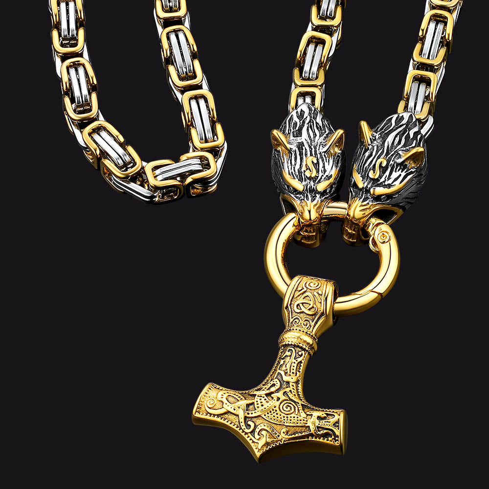 Viking Mjolnir Thor's Hammer Necklace with Wolf Head Kings Chain
