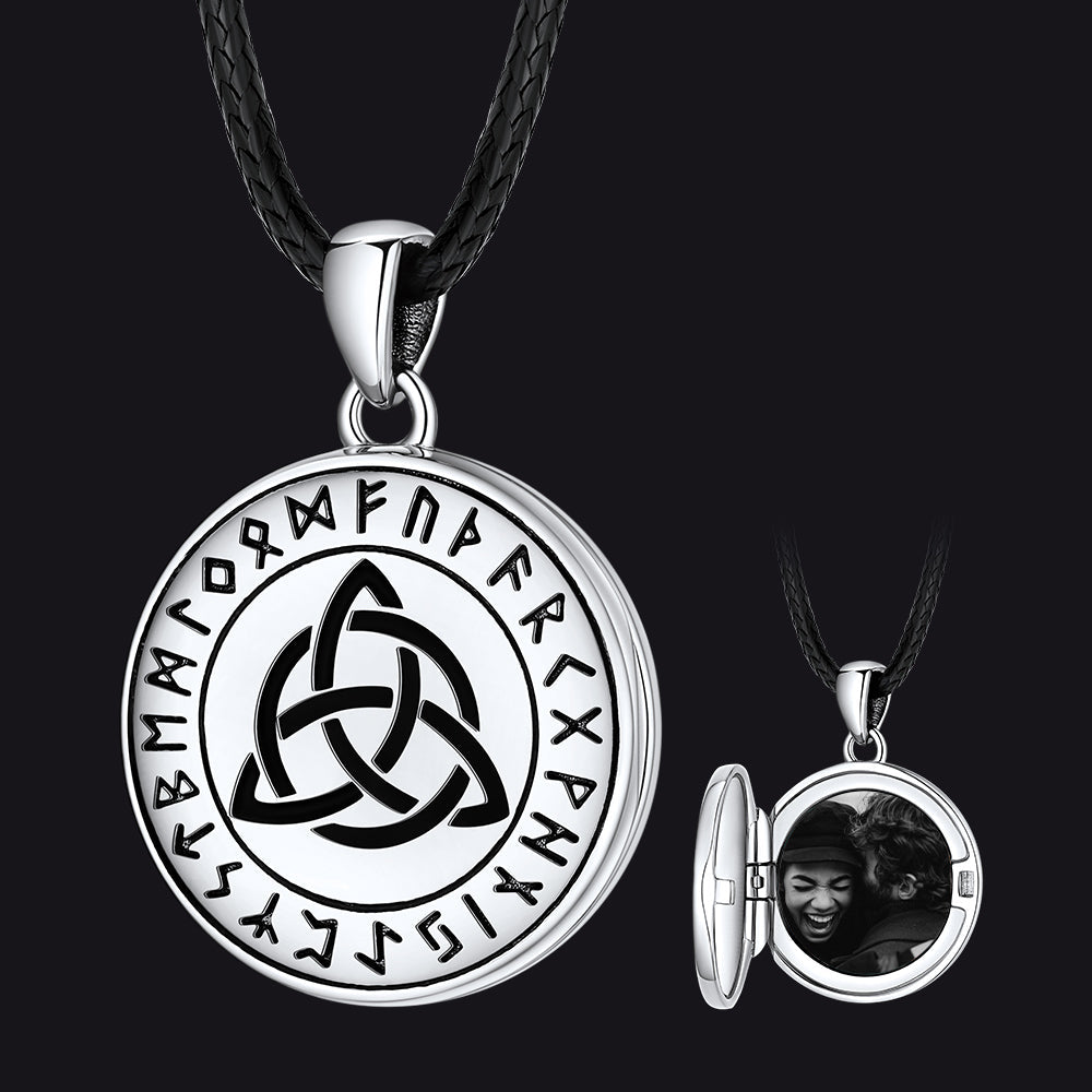 Custom Celtic Knot Photo Locket Necklace With Leather Chain for Men