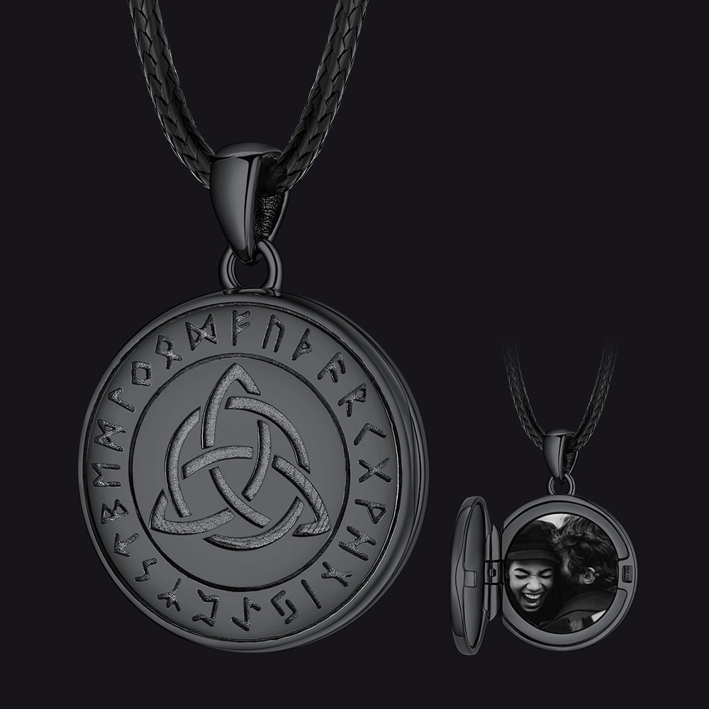 Custom Celtic Knot Photo Locket Necklace With Leather Chain for Men