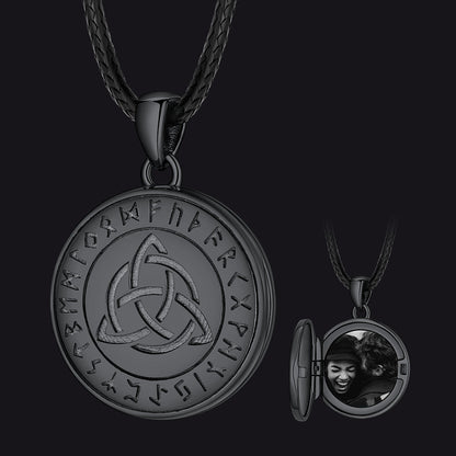 Custom Celtic Knot Photo Locket Necklace With Leather Chain for Men