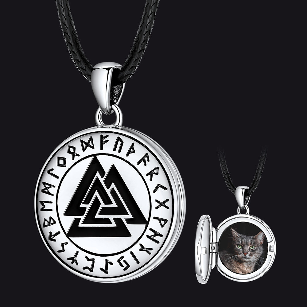 Personalized Viking Valknut Photo Locket Pendant with Leather Necklace