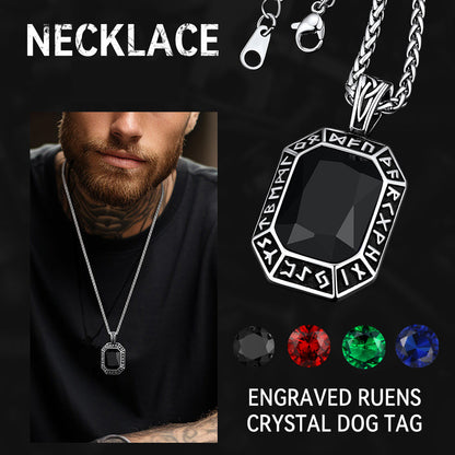 Engraved Crystal Dog Tag Necklace with Viking Runes For Men