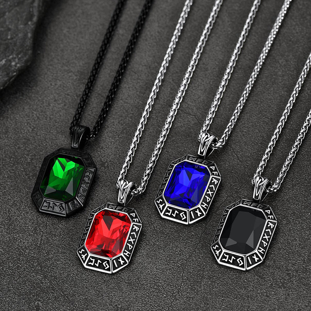 Engraved Crystal Dog Tag Necklace with Viking Runes For Men