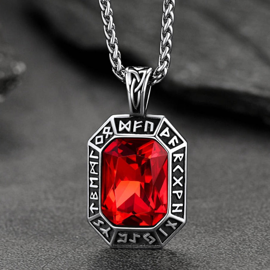 Engraved Crystal Dog Tag Necklace with Viking Runes For Men