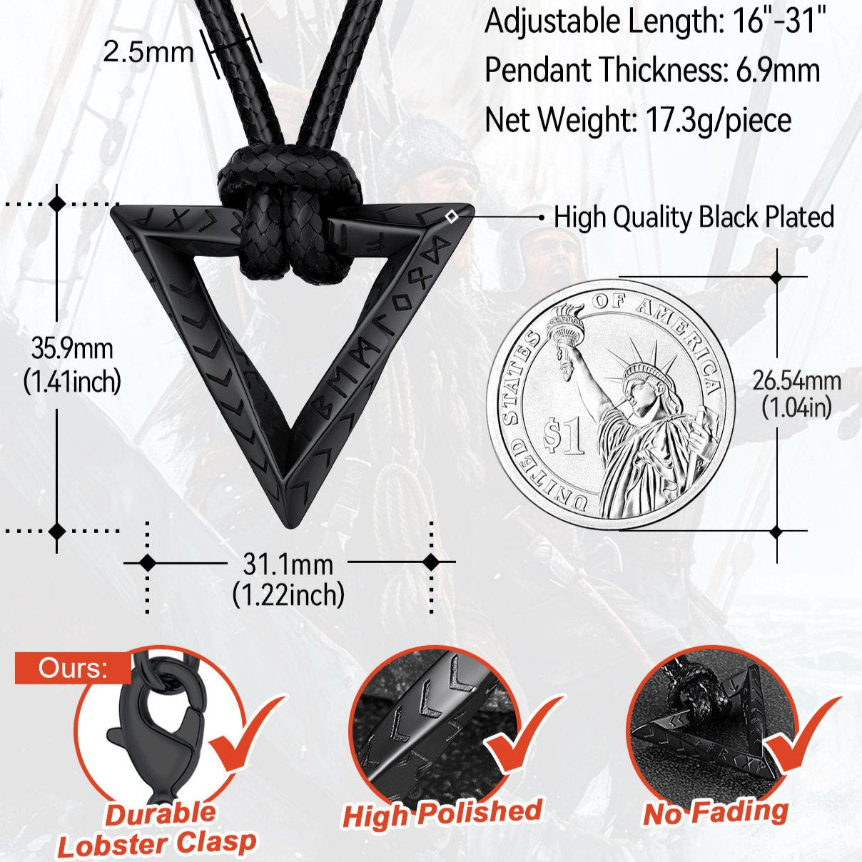 Viking Rune Mobius Triangle Pendant Necklace with Leather Chain