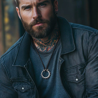 Vintage Dragon Circle Necklace with Leather Chain for Men