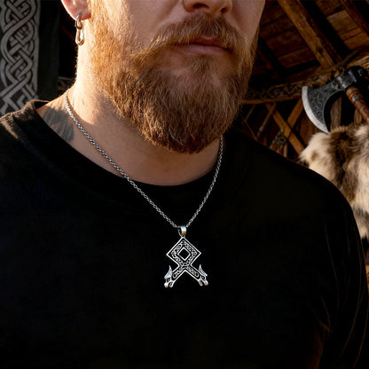 Viking Othala Rune Wolf Heads Pendant Necklace for Men