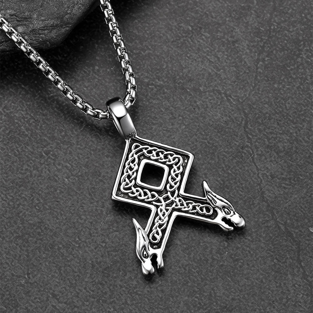 Viking Othala Rune Wolf Heads Pendant Necklace for Men