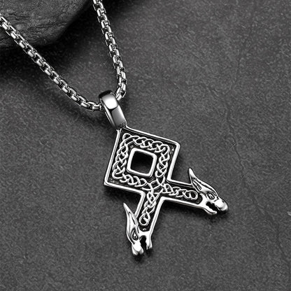 Viking Othala Rune Wolf Heads Pendant Necklace for Men