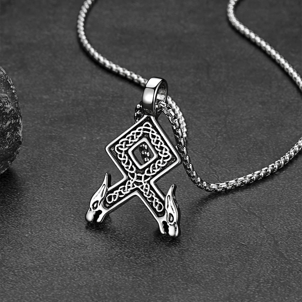 Viking Othala Rune Wolf Heads Pendant Necklace for Men