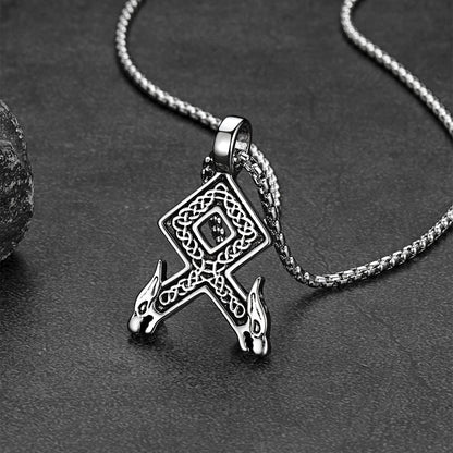 Viking Othala Rune Wolf Heads Pendant Necklace for Men