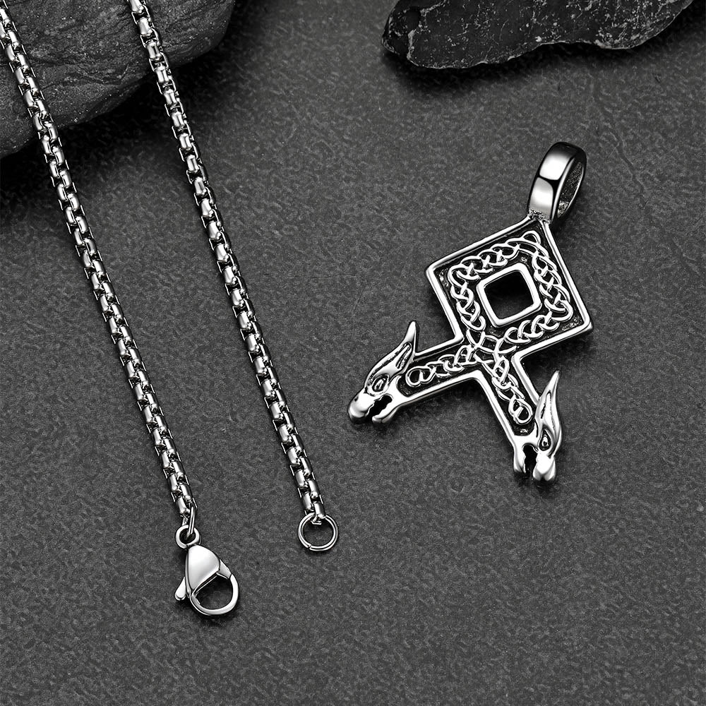 Viking Othala Rune Wolf Heads Pendant Necklace for Men