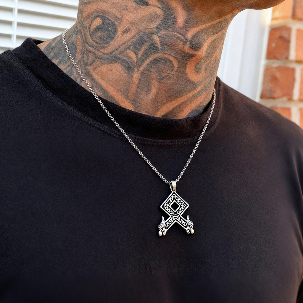 Viking Othala Rune Wolf Heads Pendant Necklace for Men