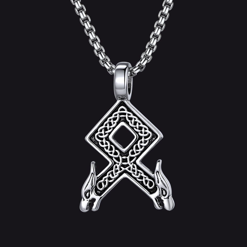 Viking Othala Rune Wolf Heads Pendant Necklace for Men