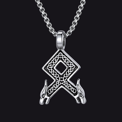 Viking Othala Rune Wolf Heads Pendant Necklace for Men