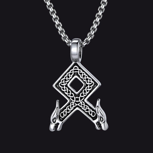 Viking Othala Rune Wolf Heads Pendant Necklace for Men