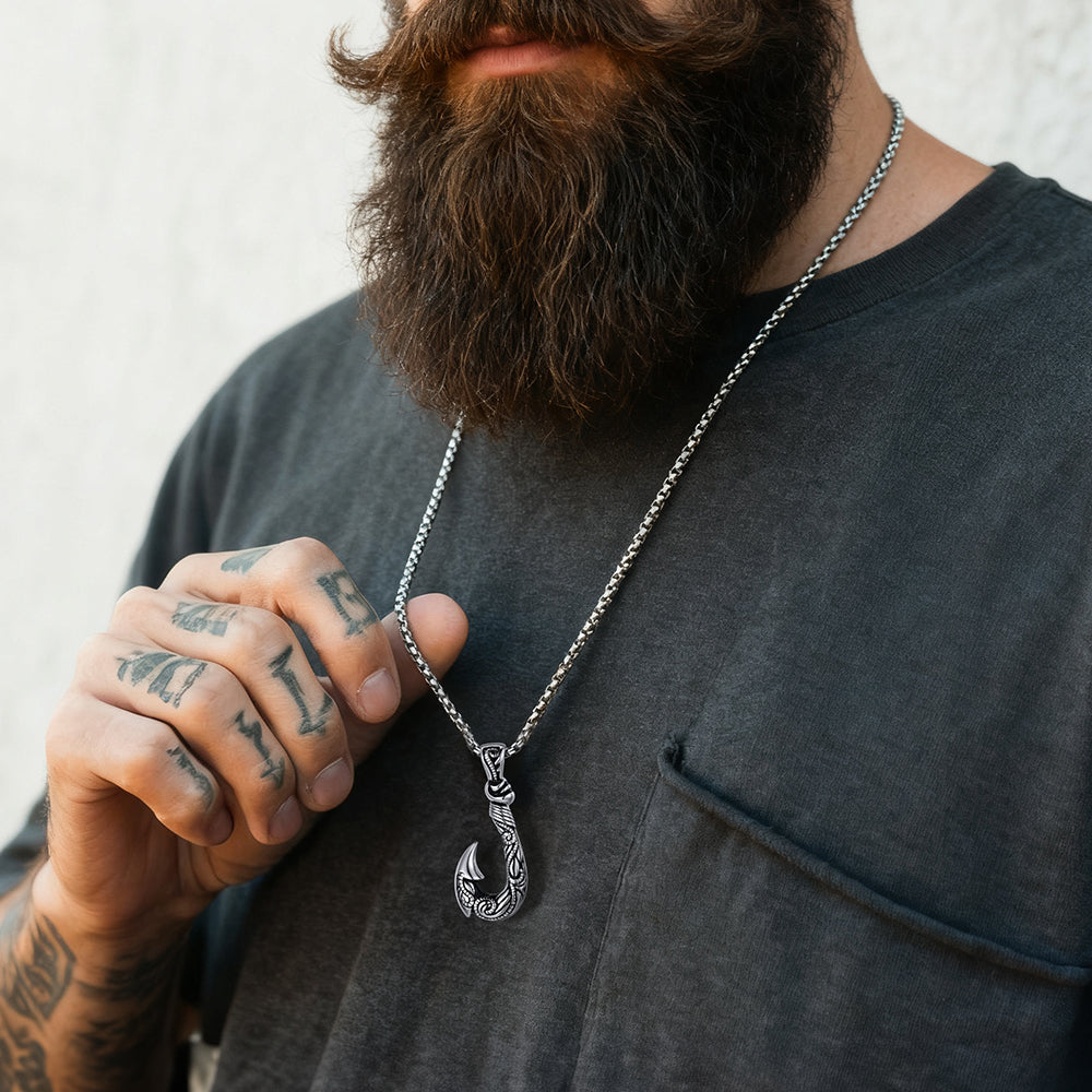 Viking Fish Hook Pendant Amulet Necklace for Men