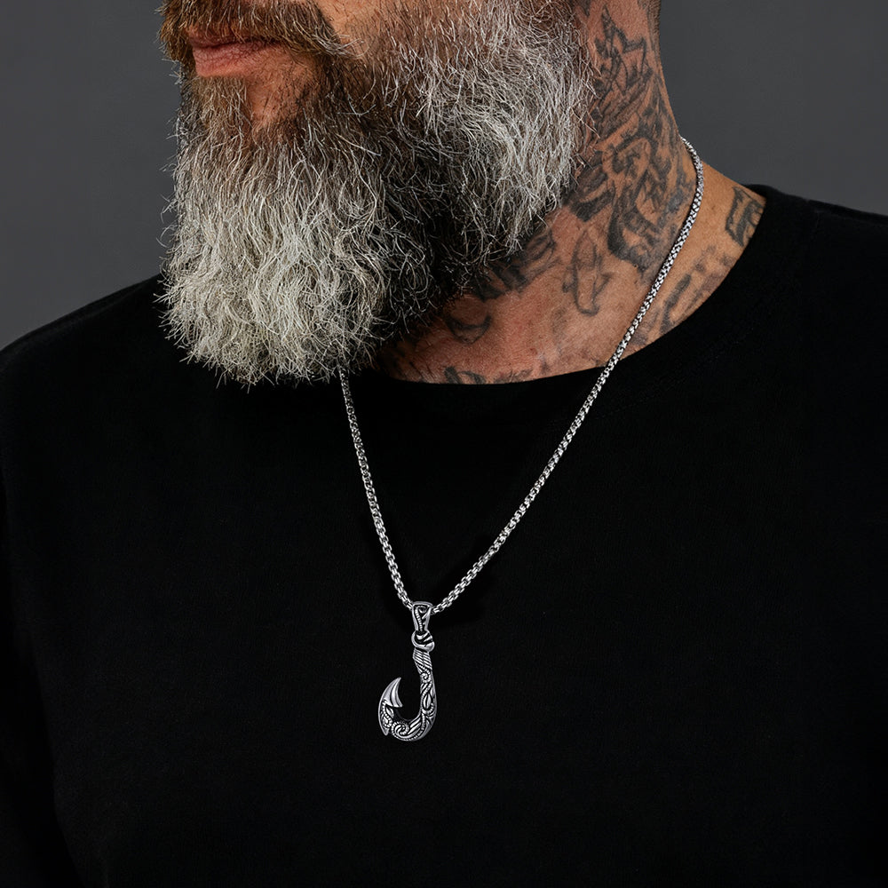Viking Fish Hook Pendant Amulet Necklace for Men