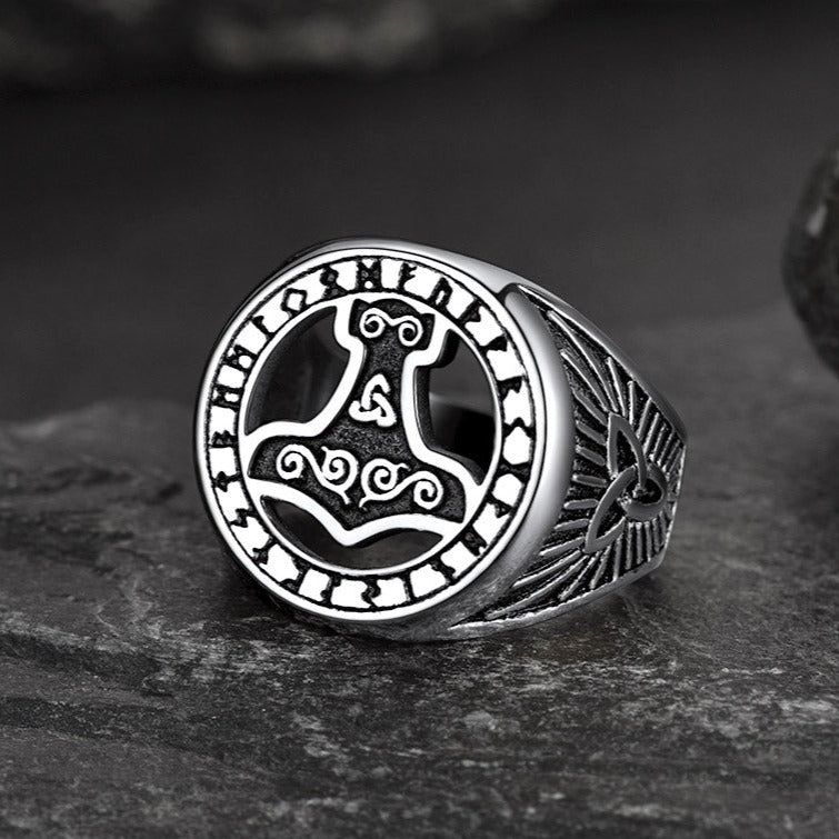 Viking Thor's Hammer Ring with Runes for Men
