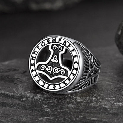 Viking Thor's Hammer Ring with Runes for Men