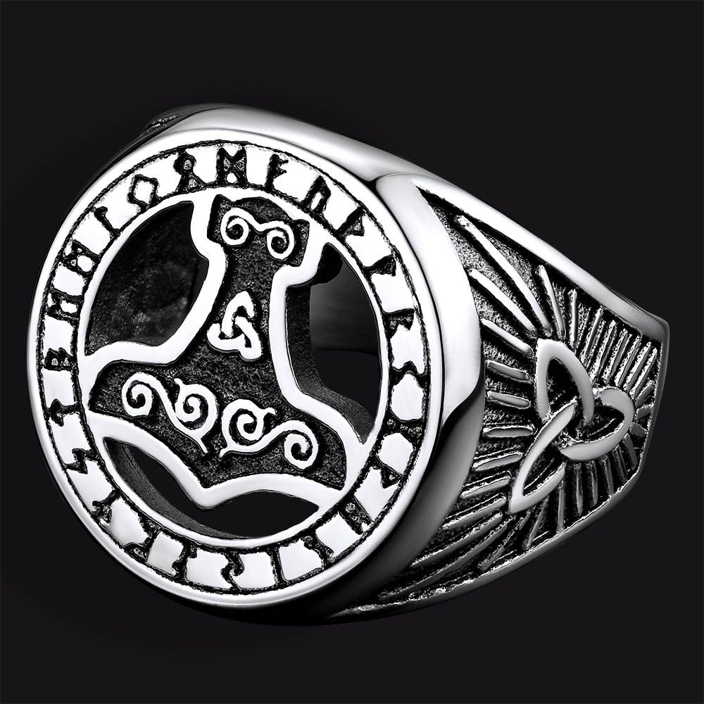 Viking Thor's Hammer Ring with Runes for Men