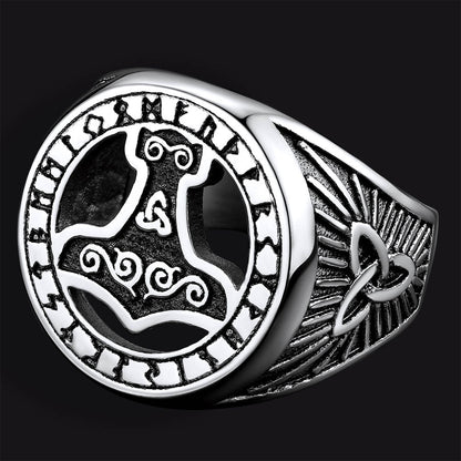 Viking Thor's Hammer Ring with Runes for Men