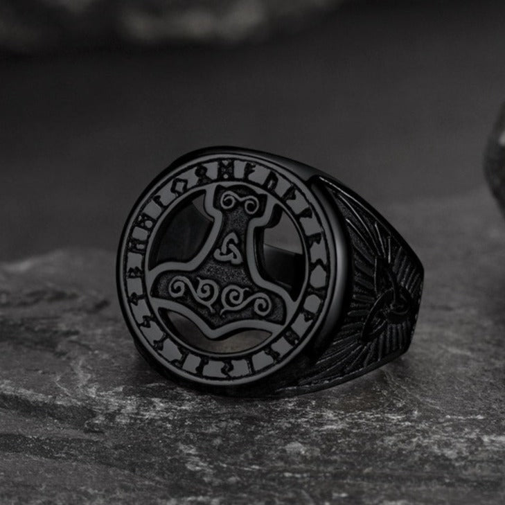 Viking Thor's Hammer Ring with Runes for Men