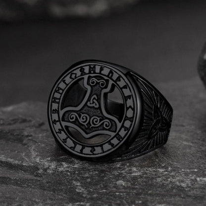 Viking Thor's Hammer Ring with Runes for Men