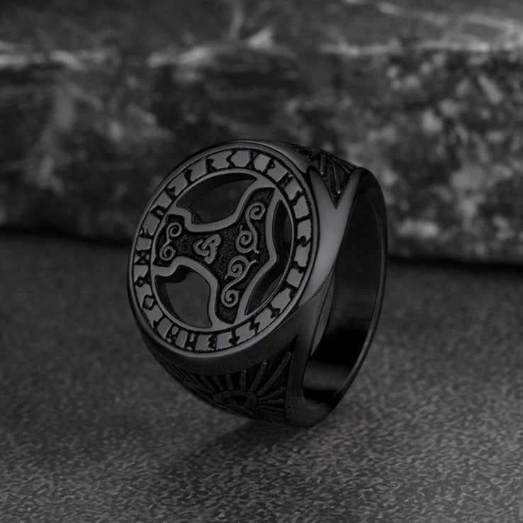 Viking Thor's Hammer Ring with Runes for Men