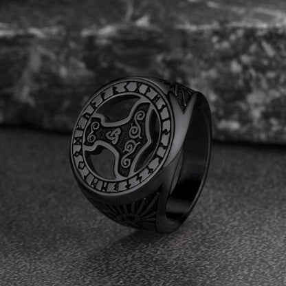 Viking Thor's Hammer Ring with Runes for Men