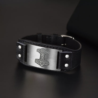 Viking Thor's Hammer Cuff Bracelet Leather Wristband For Men Son