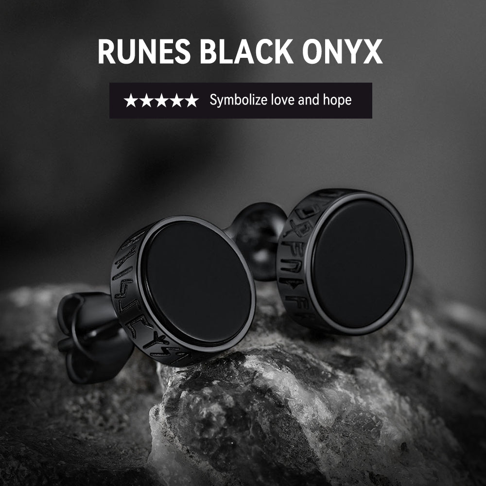 Sterling Silver Viking Runes Black Onyx Stud Earrings For Men