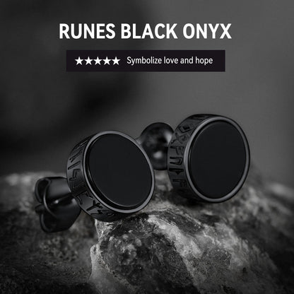 Sterling Silver Viking Runes Black Onyx Stud Earrings For Men