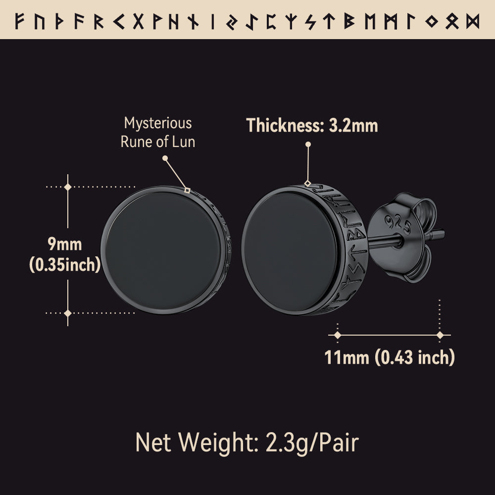 Sterling Silver Viking Runes Black Onyx Stud Earrings For Men