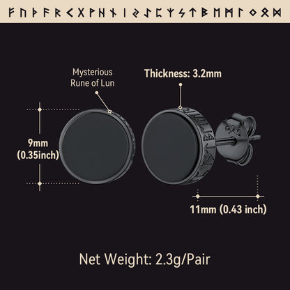 Sterling Silver Viking Runes Black Onyx Stud Earrings For Men